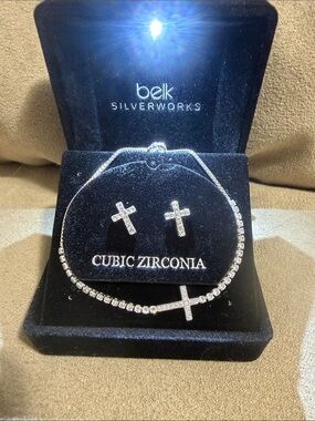 Silver-Plated Cubic Zirconia Cross Bracelet and Earrings Set - Silver